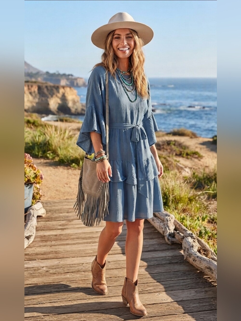 Boho Dress Cottage Bell Ruffle Gauze Whimsical Coastal Weekend Festival Autumn